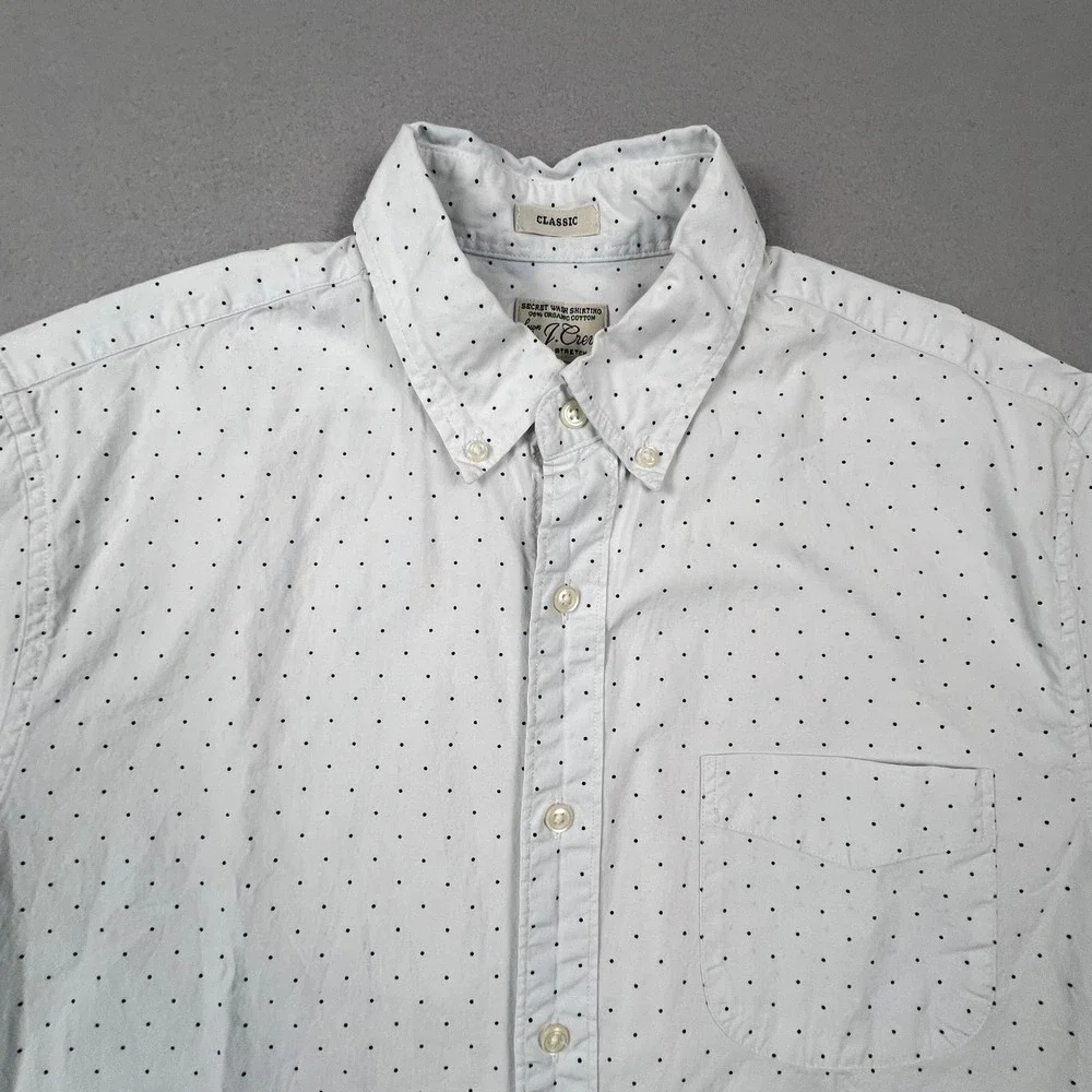 J. Crew Button Down Shirt Mens M White Polka Dot Secret Wash Stretch Classic Fit